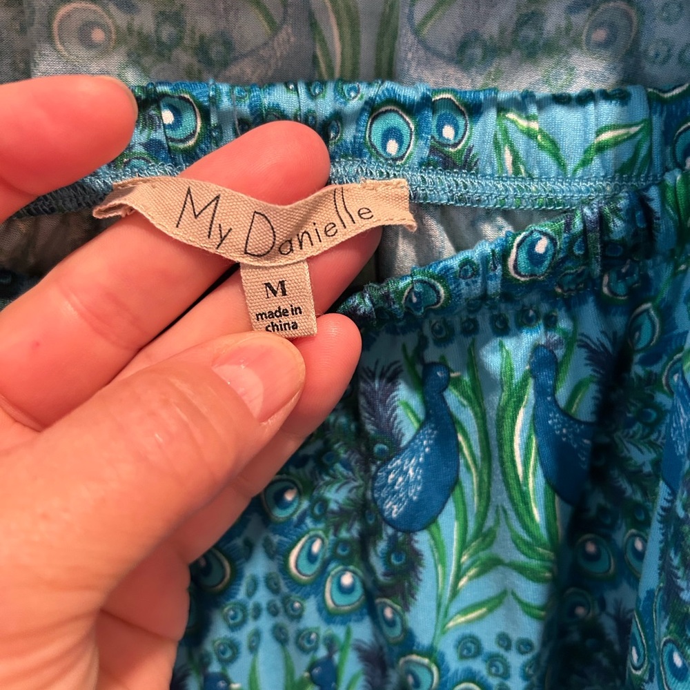 Vibrant Teal and Navy Women's peacock design Pajama Set - Picture 3 of 11